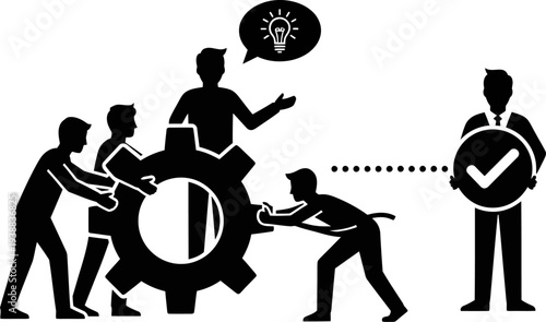 Innovative team working together to move giant gear mechanism