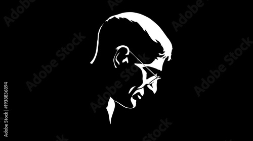 Striking graphic silhouette portrait of a thoughtful man in profile wearing glasses, depicted in stark black and white.