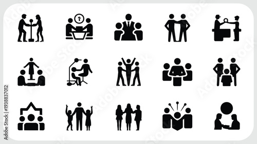Bundle of workplace collaboration and teamwork silhouettes black icons on white background business concept