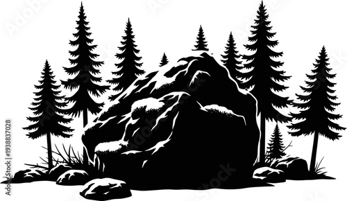 Large boulder nestled among coniferous trees