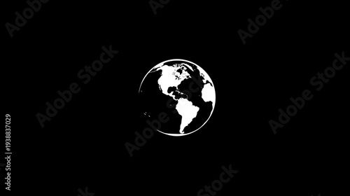 Minimalist white Earth globe icon on a black background, representing global communication, digital network, world data, and international connection.