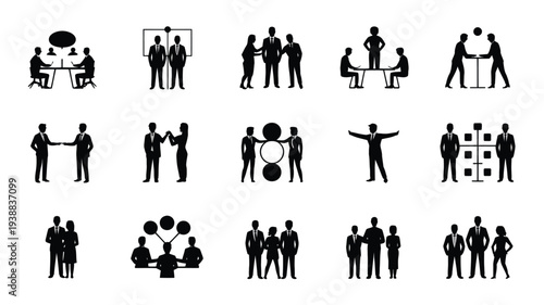 Collection of black silhouette icons depicting business professionals in various workplace scenarios and interactions isolated on white background ideal for corporate and office