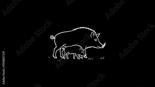 Minimalist white line art illustration of an adult wild boar and its piglet on a dark black background, depicting wildlife family bond.