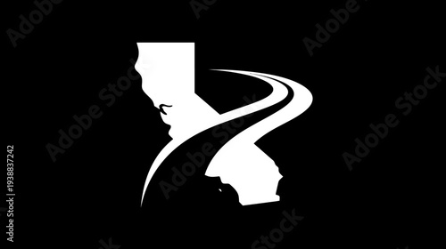 Minimalist California State Map Silhouette with Dynamic Winding Road and Active Lifestyle Icon on Black Background