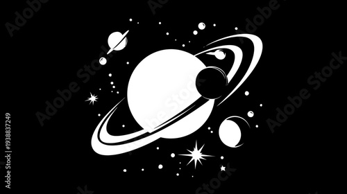 Minimalist black and white cosmic illustration featuring a majestic ringed planet, celestial bodies, and stars in outer space