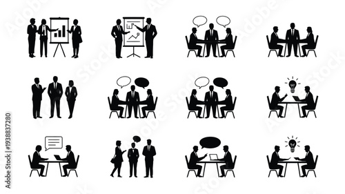 Collection of minimalist black silhouettes depicting business meetings and teamwork