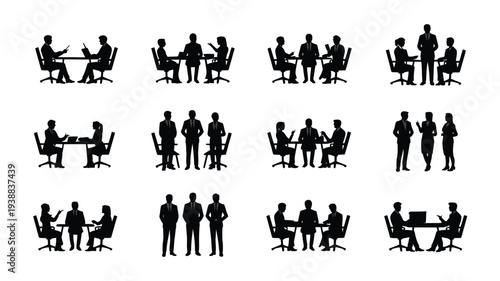 Office workers in various meeting and collaboration settings in black silhouette on white background