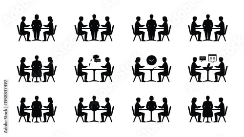 Collection of black silhouette icons depicting businesspeople in various meeting and teamwork settings