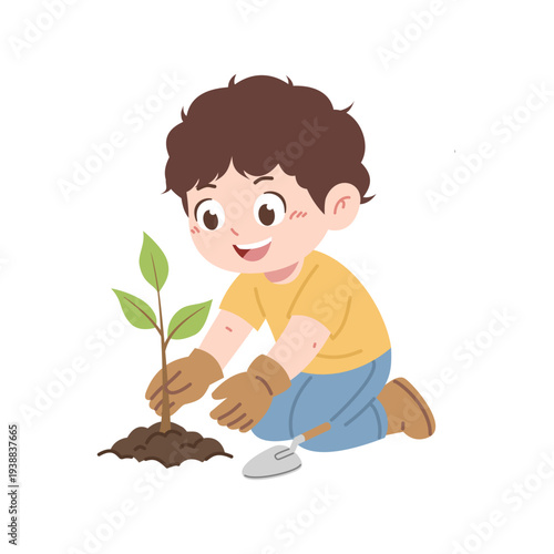 cute boy planting a tree illustration