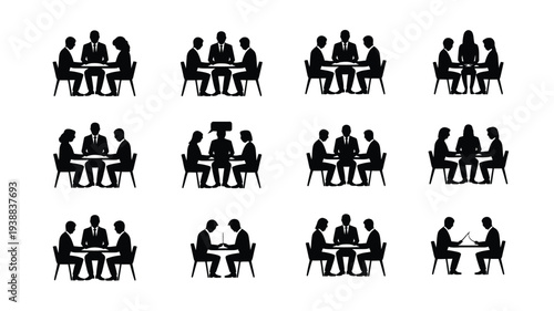 Various silhouettes of businesspeople in group discussions and meetings