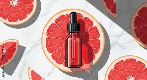 Bright red serum dropper bottle resting on a fresh grapefruit slice, surrounded by cut citrus fruits on a white marble surface, embodying natural cosmetic essence