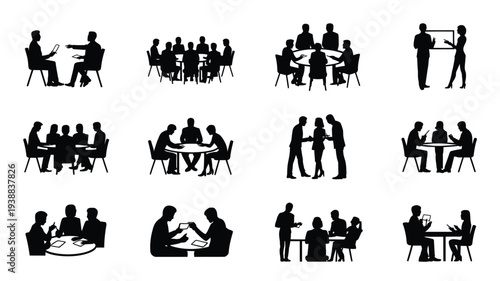 Collection of 12 black silhouette vector illustrations of people in various business meeting settings and discussions