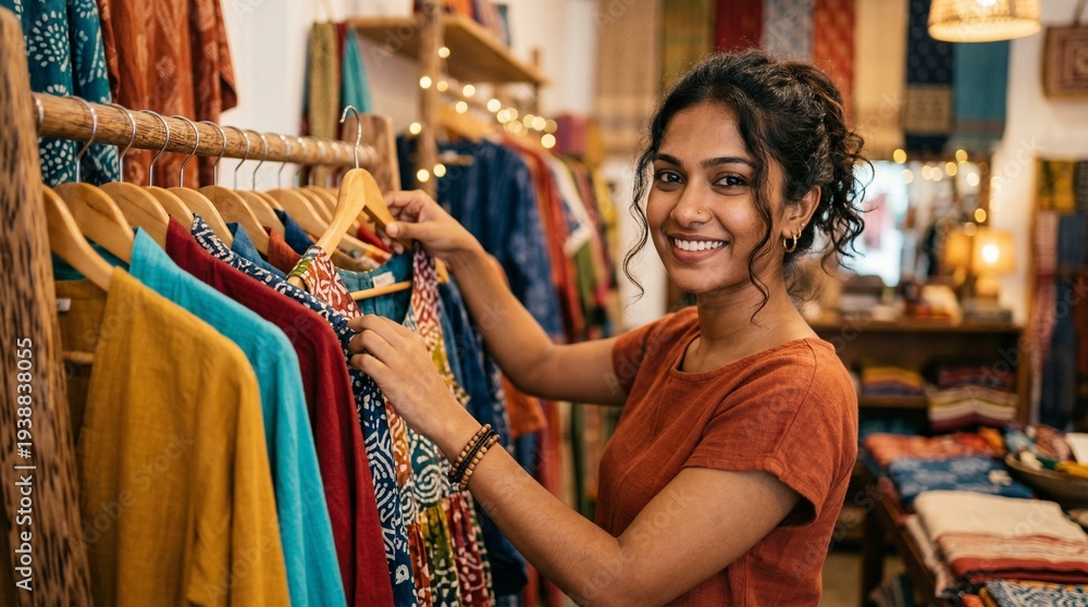 Fototapeta premium Young Sri Lankan fashion boutique owner arranging clothes on rack