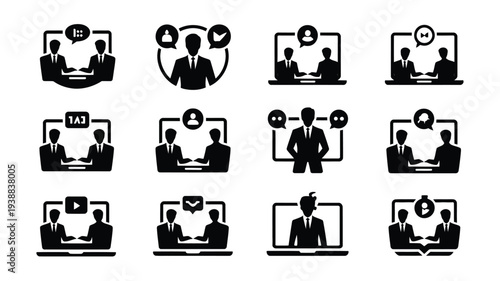 Online team collaboration icons black silhouettes on white background business communication symbols