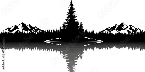 Mountain range reflected in calm lake with pine forest