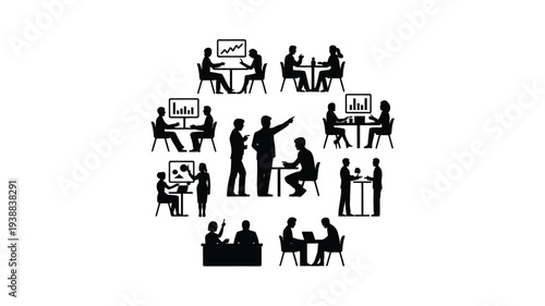 Business professionals working together in office settings with meetings presentations and teamwork