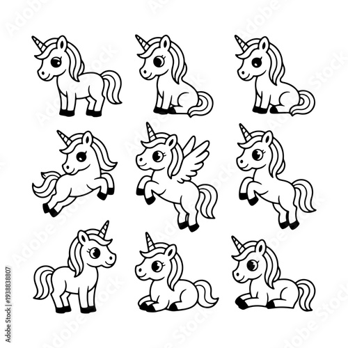 Cute collection of unicorn illustrations featuring different poses and expressions on a simple white background
