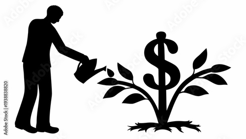 Businessman nurturing growing dollar plant with care