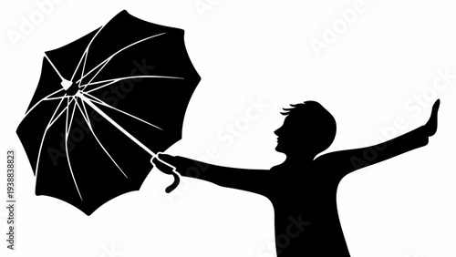Silhouette of a child playfully holding a broken umbrella outside