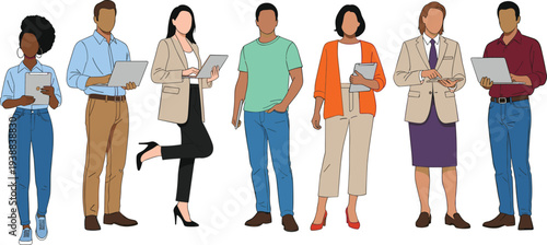 Diverse group of multicultural business professionals standing together holding laptops and tablets in modern flat vector illustration style for corporate