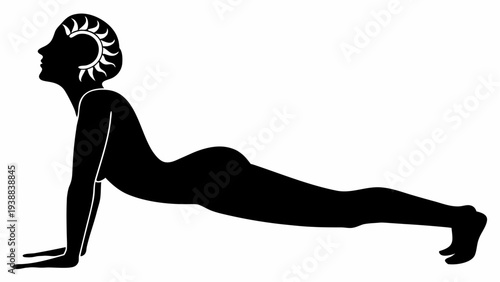 Woman in upward facing dog yoga pose with sun symbol