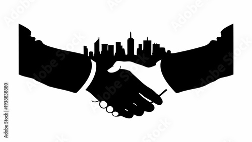 Business partnership handshake with city skyline silhouette