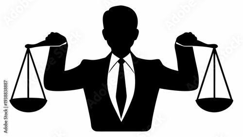 Businessman in silhouette balancing scales with authority