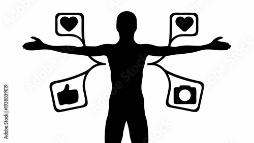 Person connected to social media icons in a symbolic embrace