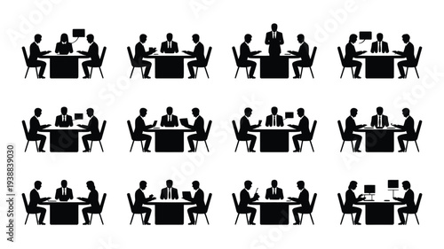 Collection of black silhouettes of businesspeople working at desks in office settings teamwork and collaboration concepts