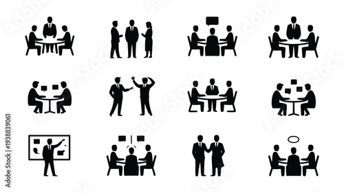 Business people communicating and working together in various office settings with silhouettes