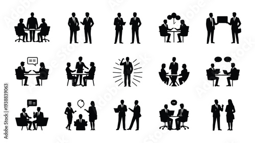 Collection of office worker silhouettes in various business settings and interactions