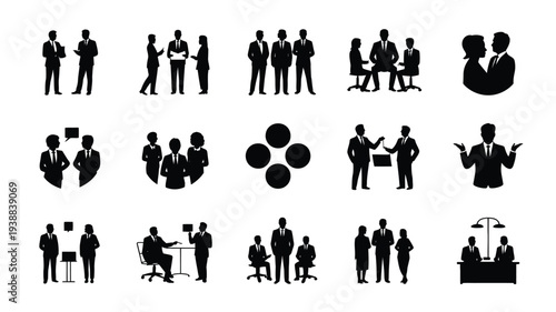 Collection of black office worker silhouettes in various professional settings and poses