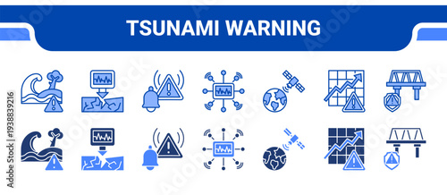 Tsunami Warning Icon Collection,  featuring Tsunami Warning, Seismic Monitor, Disaster Alert, Sensor Network, Satellite Monitoring, Risk Forecast, Infrastructure Safety.