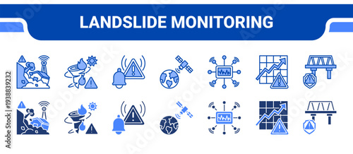 Landslide Monitoring Icon Collection,  featuring Landslide Monitor, Climate Hazard, Disaster Alert, Satellite Monitoring, Sensor Network, Risk Forecast, Infrastructure Safety.