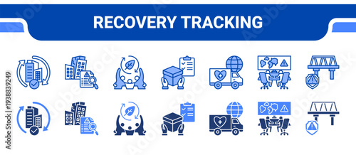 Recovery Tracking Icon Collection,  featuring Recovery Tracking, Damage Assessment, Disaster Recovery, Relief Supply, Humanitarian Aid, Crisis Command, Infrastructure Safety.