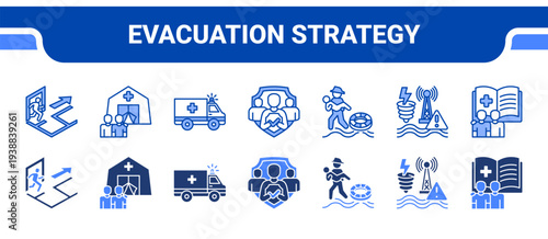 Evacuation Strategy Icon Collection,  featuring Evacuation Plan, Crisis Shelter, Emergency Transport, Public Safety, Rescue Operation, Disaster Warning, Preparedness Training.