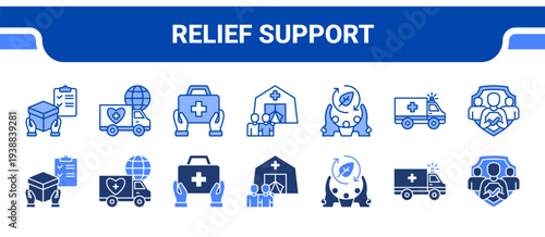 Relief Support Icon Collection,  featuring Relief Supply, Humanitarian Aid, Medical Aid, Crisis Shelter, Disaster Recovery, Emergency Transport, Public Safety.