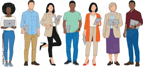 Diverse multiracial business team group of professional men and women standing with laptops and tablets isolated on white background vector illustration.