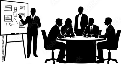 Professional coach explaining workflow on a whiteboard to staff