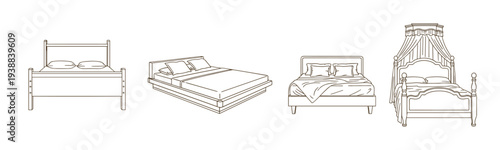 Collection of bed vector line art drawings in different styles and angles