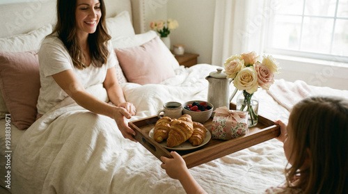 Happy mother receiving breakfast in bed from daughter on Mother's Day. Morning surprise with food tray and gift