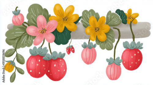 strawberries and flowers on white background