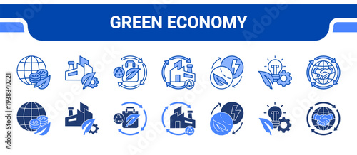 Green Economy Icon Collection,  featuring Green Economy, Sustainable Production, Responsible Consumption, Circular Economy, Energy Transition, Green Innovation, Sustainable Trade.