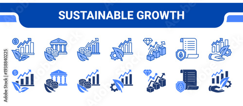 Sustainable Growth Icon Collection,  featuring Sustainable Growth, Sustainable Finance, Green Investment, Resource Efficiency, Long Term Value, Sustainable Policy, Sustainable Development.