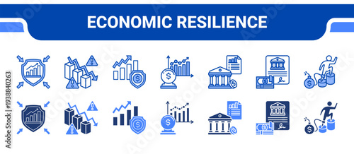 Economic Resilience Icon Collection,  featuring Economic Resilience, Economic Risk, Financial Stability, Economic Forecast, Fiscal Policy, Monetary Policy, Public Debt.