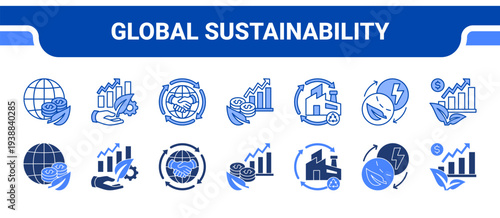 Global Sustainability Icon Collection,  featuring Green Economy, Sustainable Development, Sustainable Trade, Green Investment, Circular Economy, Energy Transition, Sustainable Growth.