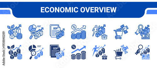 Economic Overview Icon Collection,  featuring Economic Growth, Market Overview, GDP Analysis, Inflation Rate, Employment Level, Consumer Spending, Financial Overview.