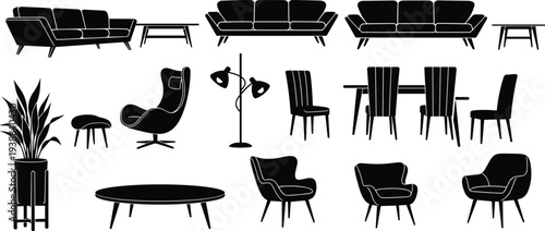 Untitled-1Mid Century Modern Furniture Silhouette Collection Featuring Stylish Sofas Armchairs Dining Tables Floor Lamps And Minimalist Interior Home Decor Vector Elements