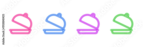 Neon glowing food cloche vector icons set, serving dish, meal, restaurant, dining, vibrant colorful illustration on transparent background.
