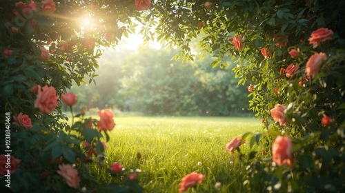 Photorealistic roses and lush green foliage surrounding the edges of a peaceful open meadow